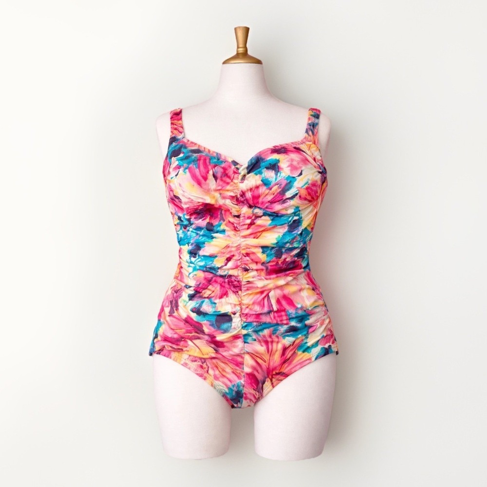 Maxine of Hollywood Floral One Piece‎ Swimsuit Ruched Tummy Control Retro